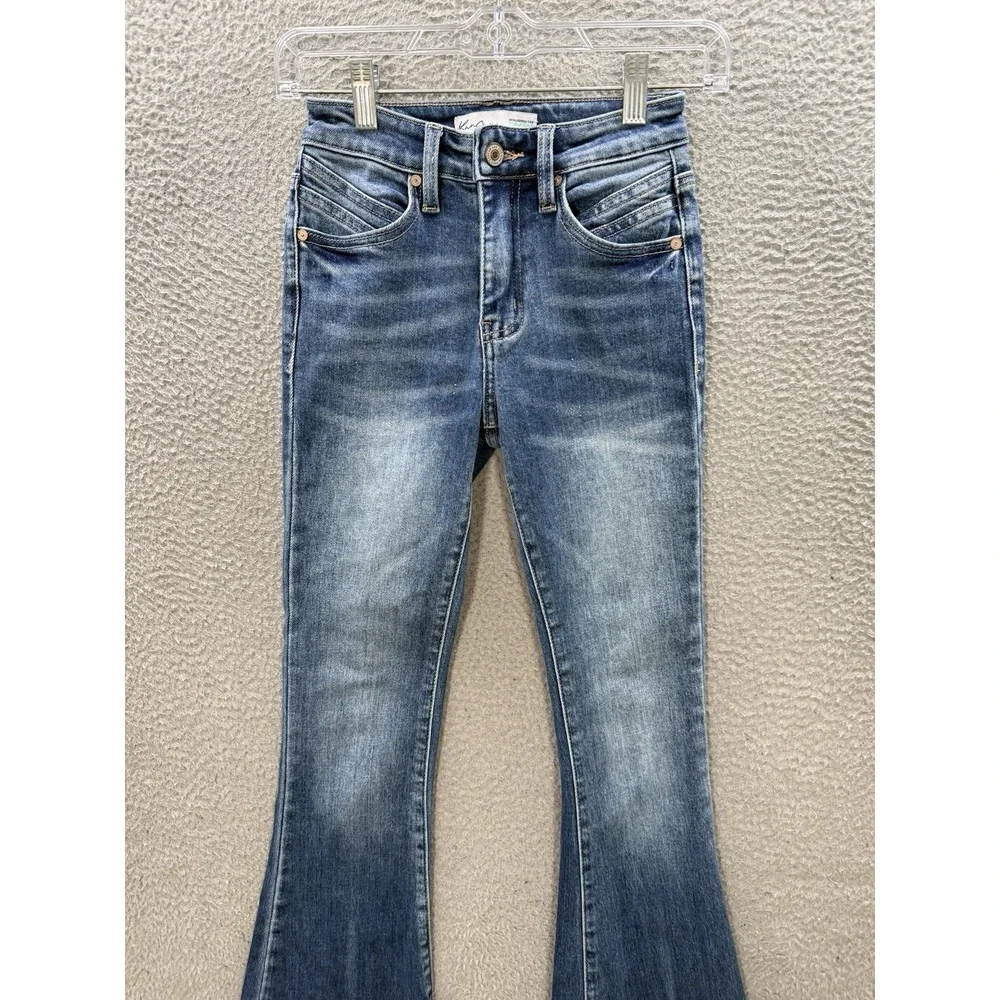 Kancan Jeans Girls 23 Blue‎ Flare High Rise Back Seam Raw Hem Distressed Denim